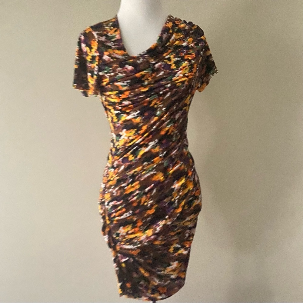 Etoile Isabel Marant Brown/orange Cowl Ruched Short Sleeve Stretchy Mini Dress